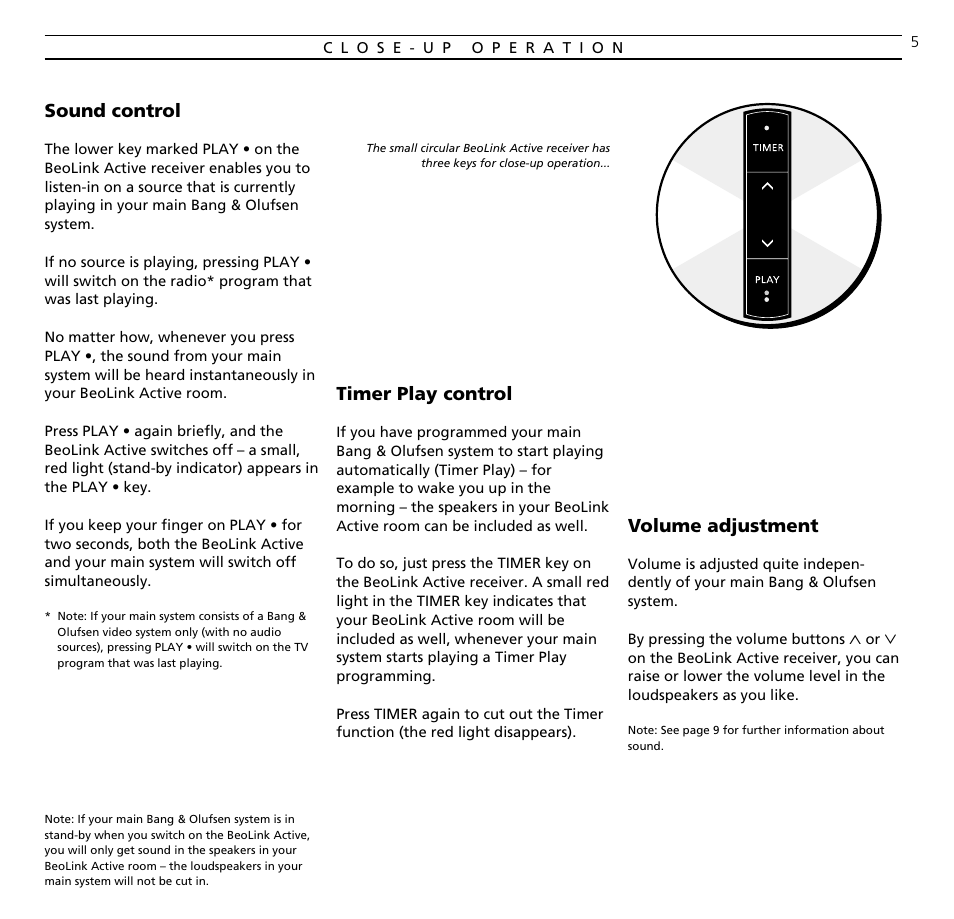 Close-up operation, Sound control, Timer play control | Volume adjustment, Sound control timer play control | Bang & Olufsen BeoLink Active - User Guide User Manual | Page 5 / 12