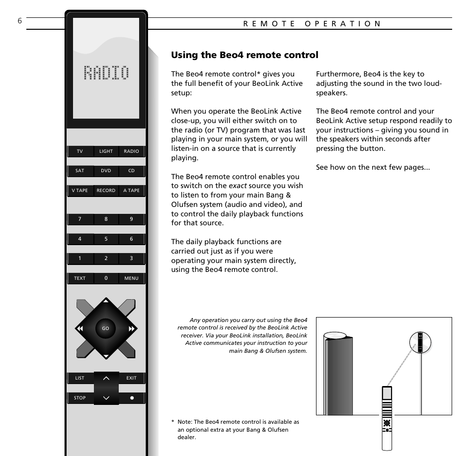 Remote operation, Using the beo4 remote control | Bang & Olufsen BeoLink Active - User Guide User Manual | Page 6 / 12