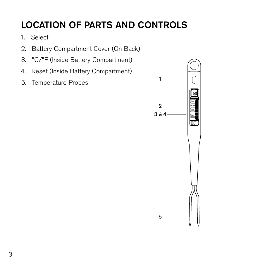 Location of parts and controls | Brookstone Always Perfect Chefs Fork 798333 User Manual | Page 4 / 11