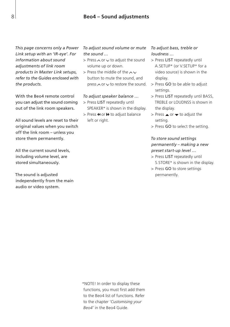 Beo4 – sound adjustments, Beo4 – sound adjustments 8 | Bang & Olufsen BeoLink Wireless 1 - User Guide User Manual | Page 8 / 20