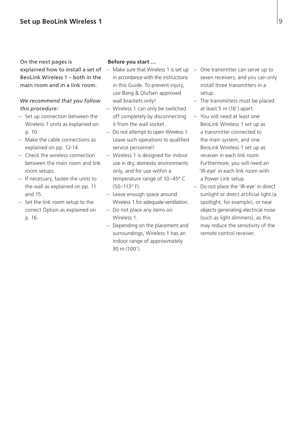 Set up beolink wireless 1, Before you start | Bang & Olufsen BeoLink Wireless 1 - User Guide User Manual | Page 9 / 20