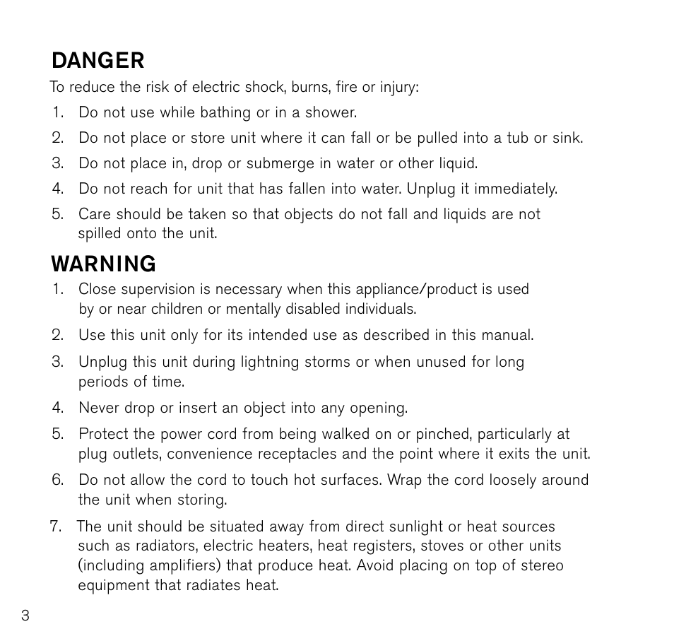 Danger, Warning | Brookstone CURVE 8900 User Manual | Page 4 / 12