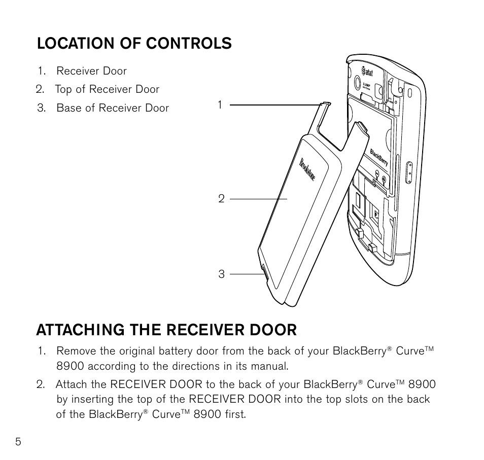 Location of controls, Attaching the receiver door | Brookstone CURVE 8900 User Manual | Page 6 / 12