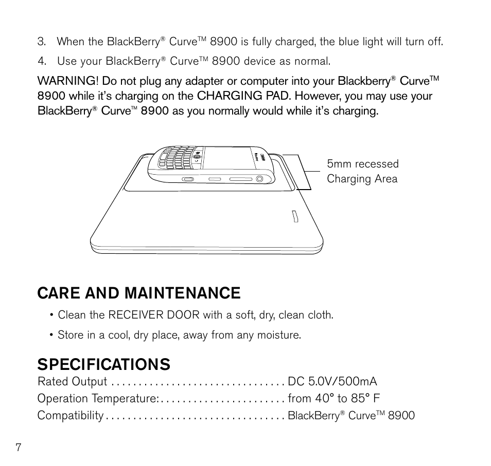 Care and maintenance, Specifications | Brookstone CURVE 8900 User Manual | Page 8 / 12