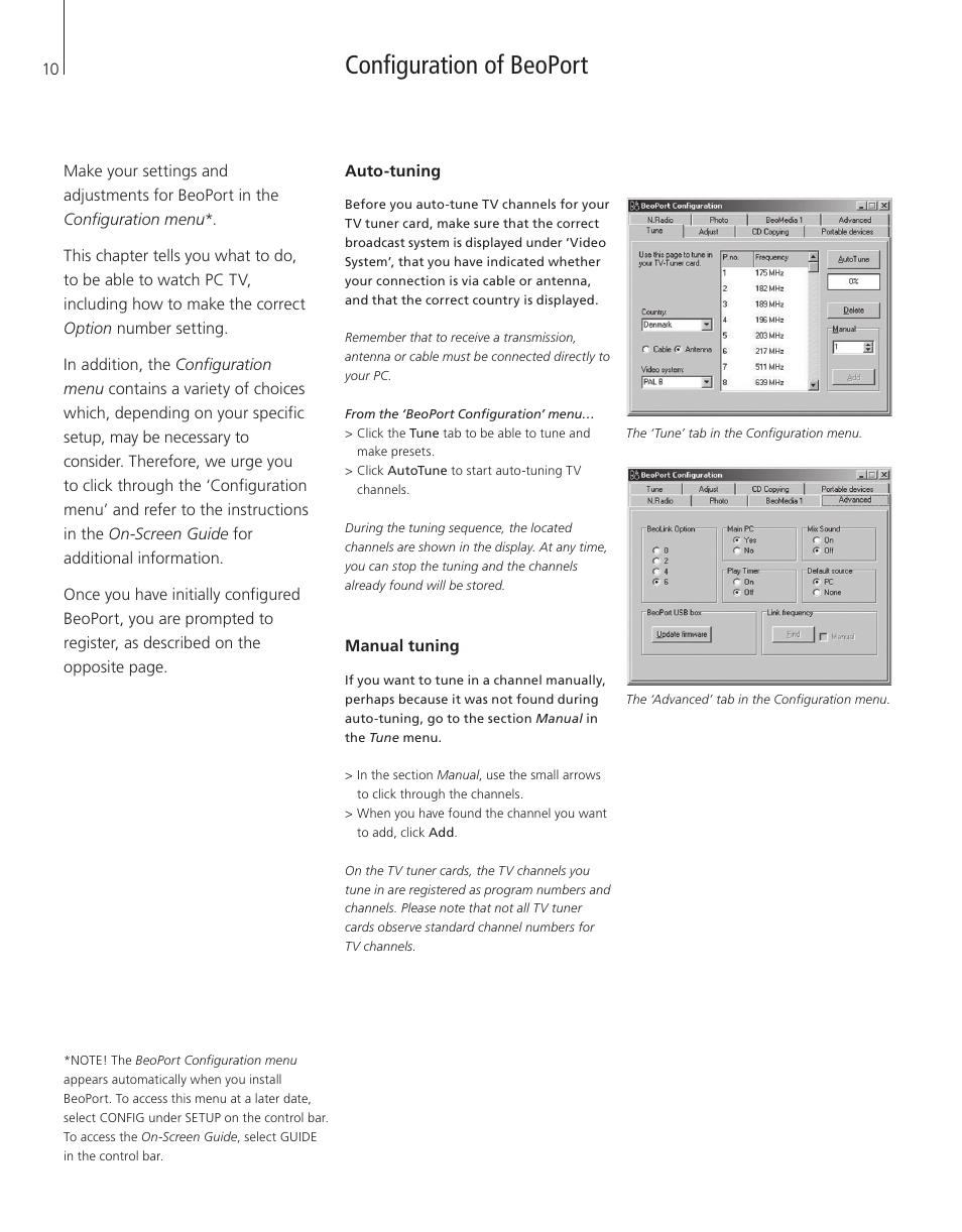 Configuration of beoport, Auto-tuning, Manual tuning | Bang & Olufsen BeoPort - User Guide User Manual | Page 10 / 16