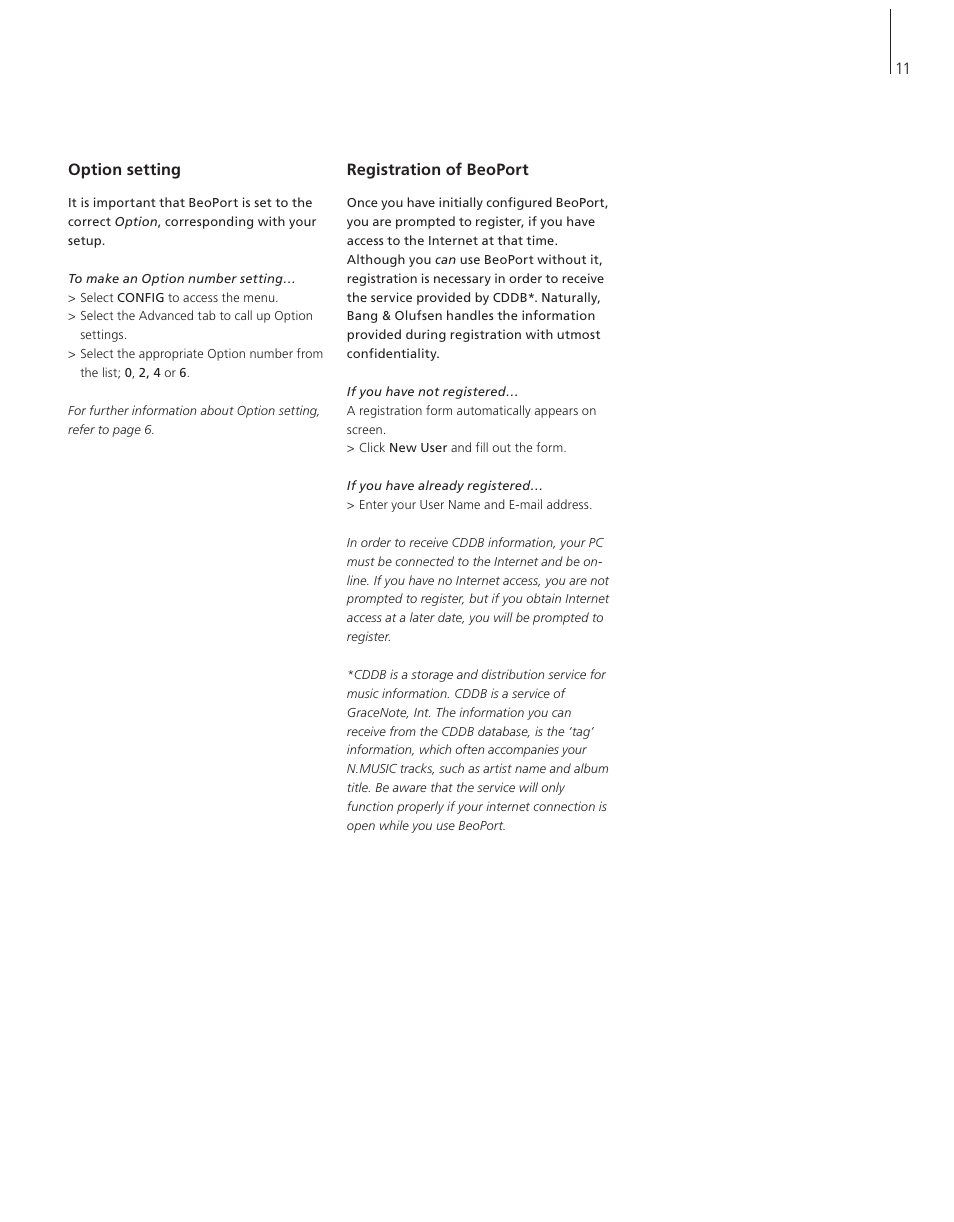 Option setting, Registration of beoport, 11 option setting | Bang & Olufsen BeoPort - User Guide User Manual | Page 11 / 16