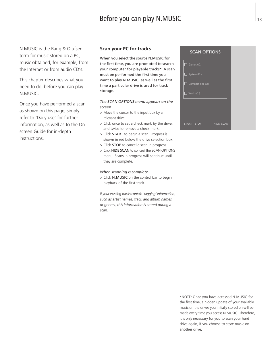 Before you can play n.music, Scan your pc for tracks | Bang & Olufsen BeoPort - User Guide User Manual | Page 13 / 16