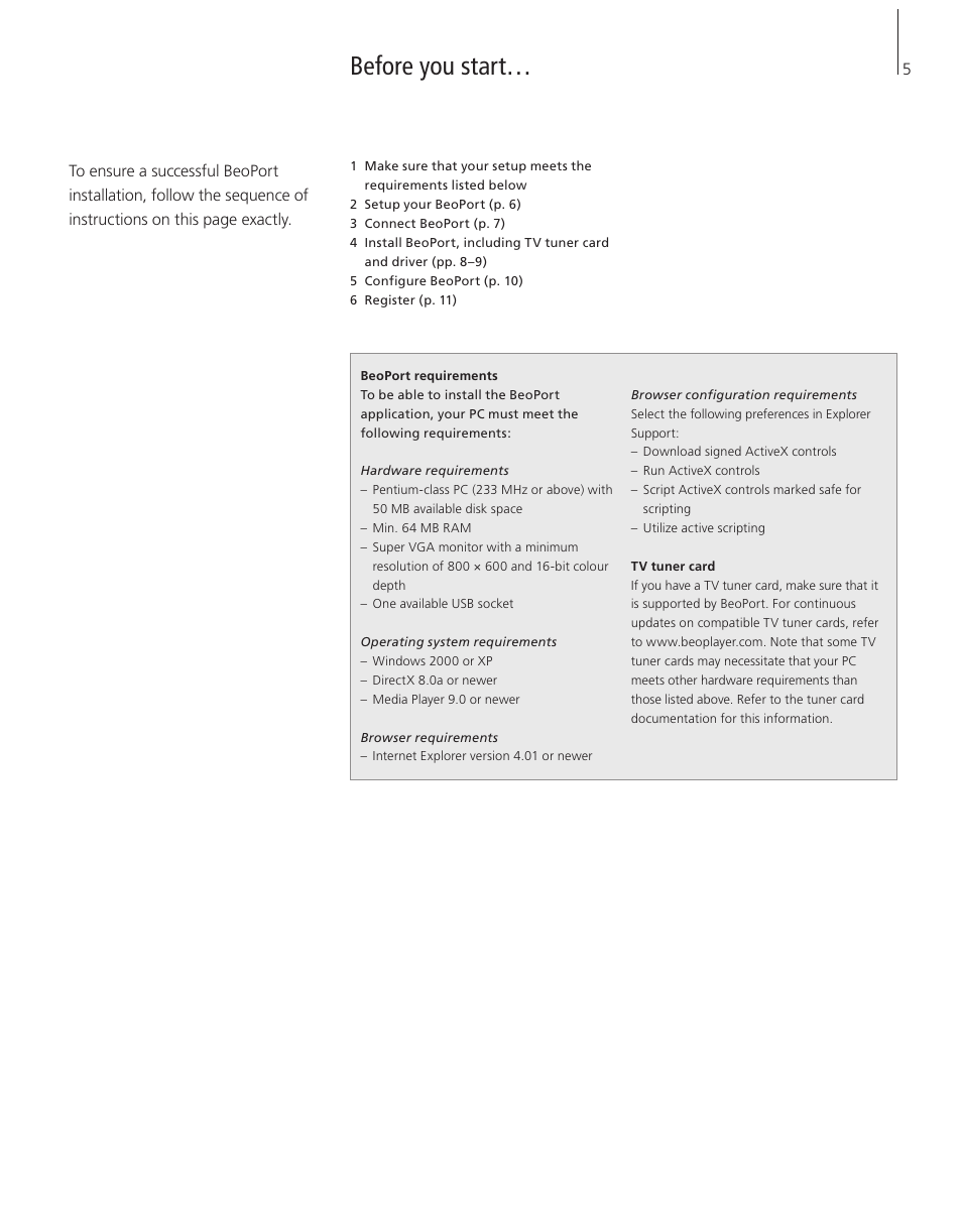 Before you start | Bang & Olufsen BeoPort - User Guide User Manual | Page 5 / 16