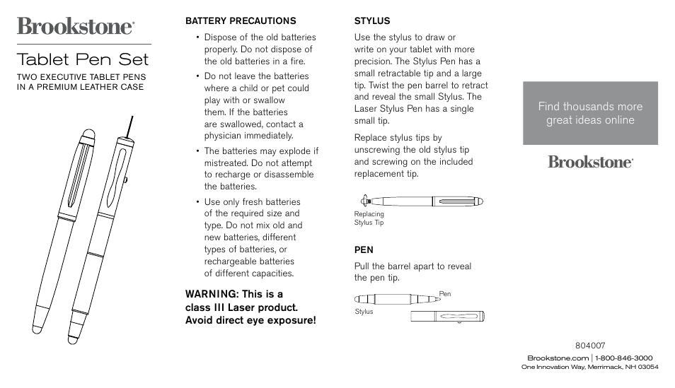Brookstone Table Pen Set 804007 User Manual | 2 pages