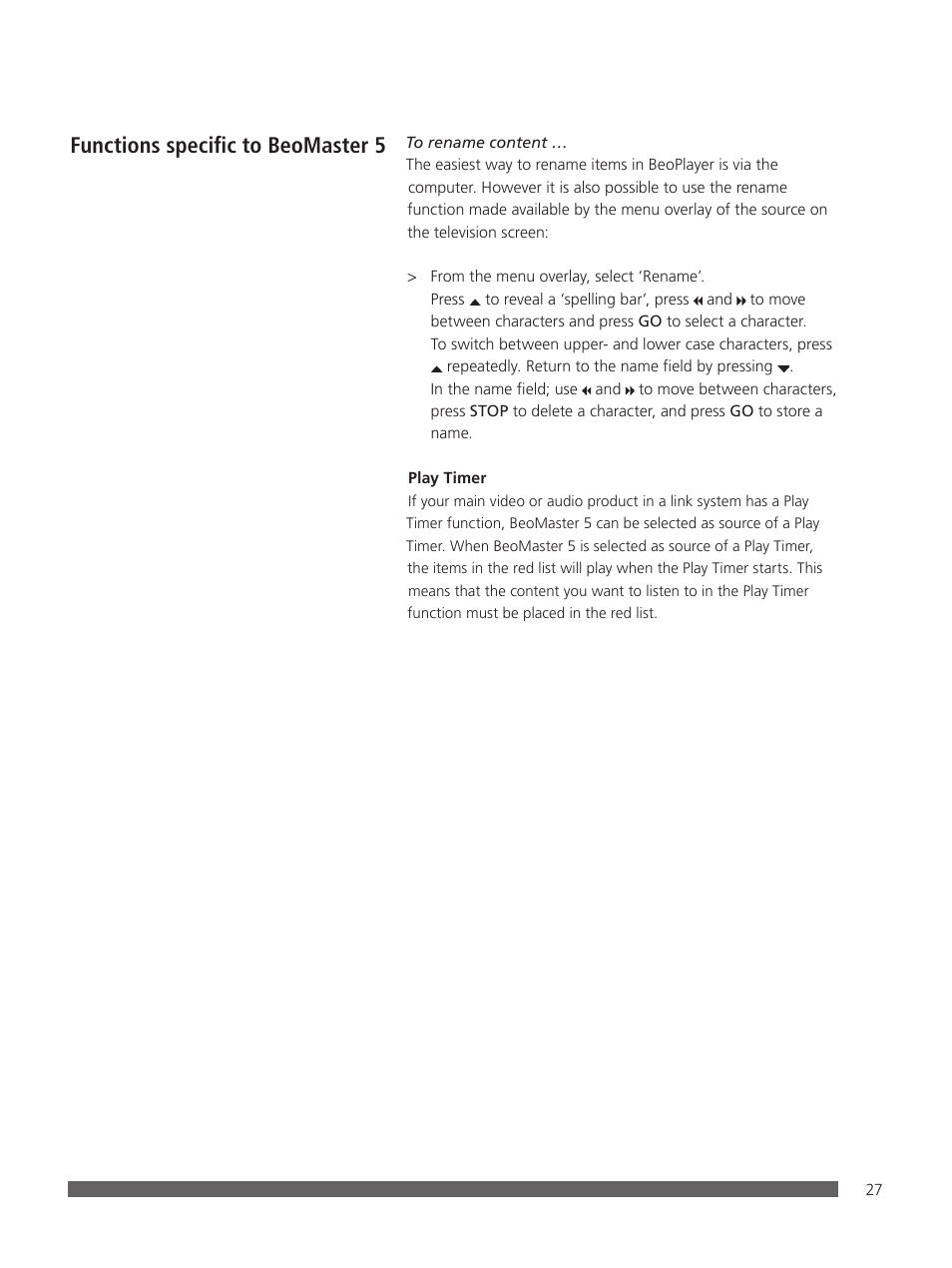 Functions specific to beomaster 5 | Bang & Olufsen BeoPlayer - User Guide User Manual | Page 27 / 52