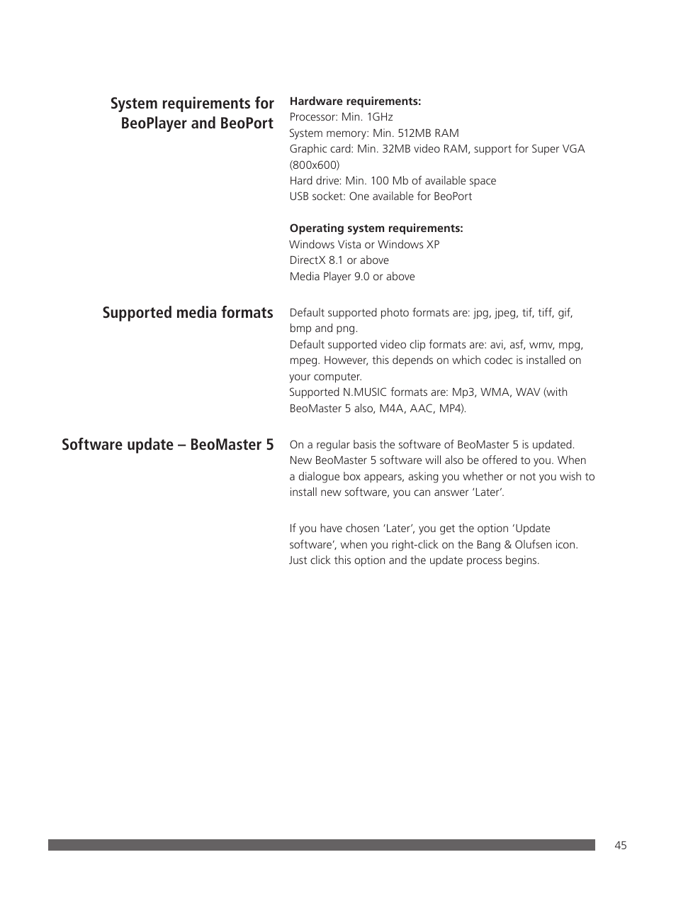 System requirements for beoplayer and beoport, Supported media formats, Software update – beomaster 5 | System requirements for beoplayer and, Beoport | Bang & Olufsen BeoPlayer - User Guide User Manual | Page 45 / 52