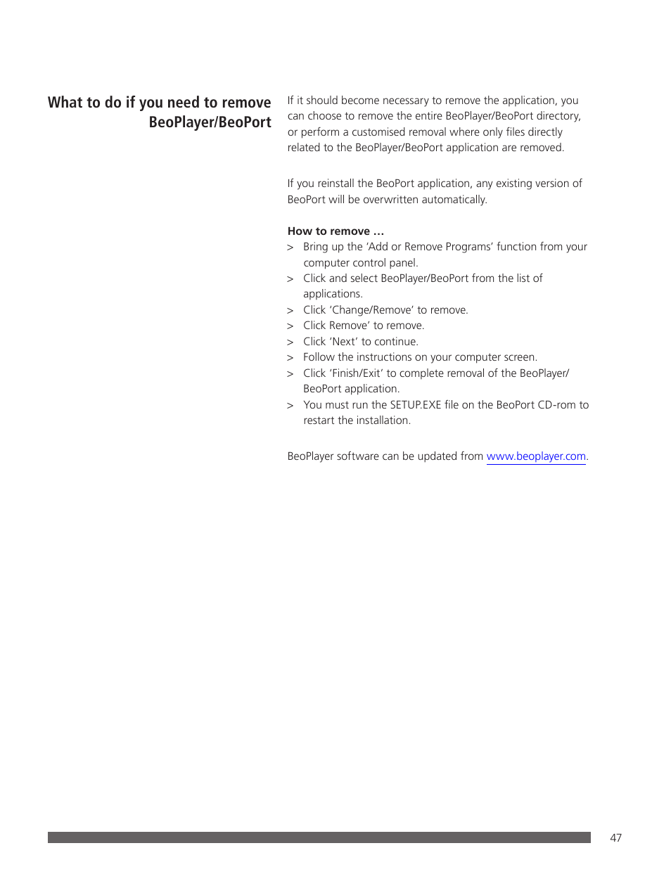 What to do if you need to remove beoplayer/beoport, What to do if you need to remove beoplayer, Beoport | Bang & Olufsen BeoPlayer - User Guide User Manual | Page 47 / 52