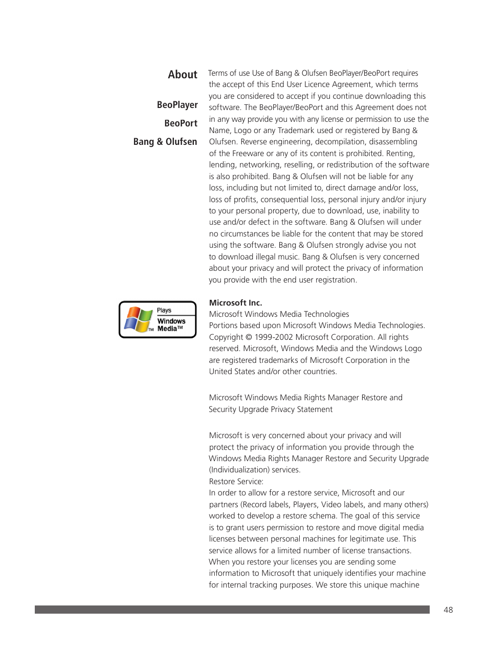 About | Bang & Olufsen BeoPlayer - User Guide User Manual | Page 48 / 52