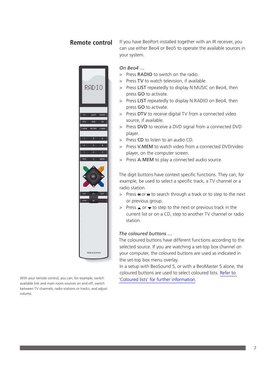 Remote control | Bang & Olufsen BeoPlayer - User Guide User Manual | Page 7 / 52