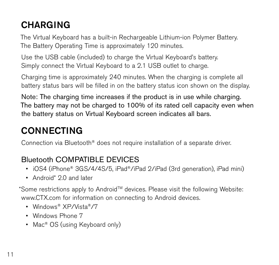 Charging, Connecting, Bluetooth compatible devices | Brookstone Virtual Keyboard 796246 User Manual | Page 12 / 24