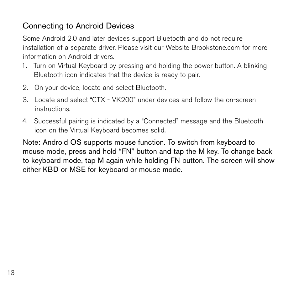 Connecting to android devices | Brookstone Virtual Keyboard 796246 User Manual | Page 14 / 24