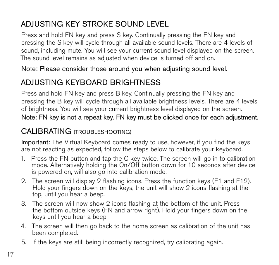 Adjusting key stroke sound level, Adjusting keyboard brightness, Calibrating | Brookstone Virtual Keyboard 796246 User Manual | Page 18 / 24