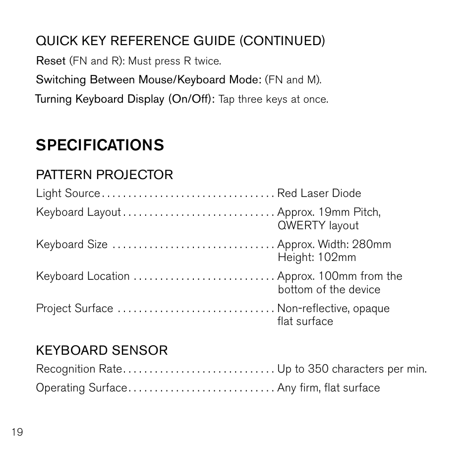 Specifications | Brookstone Virtual Keyboard 796246 User Manual | Page 20 / 24