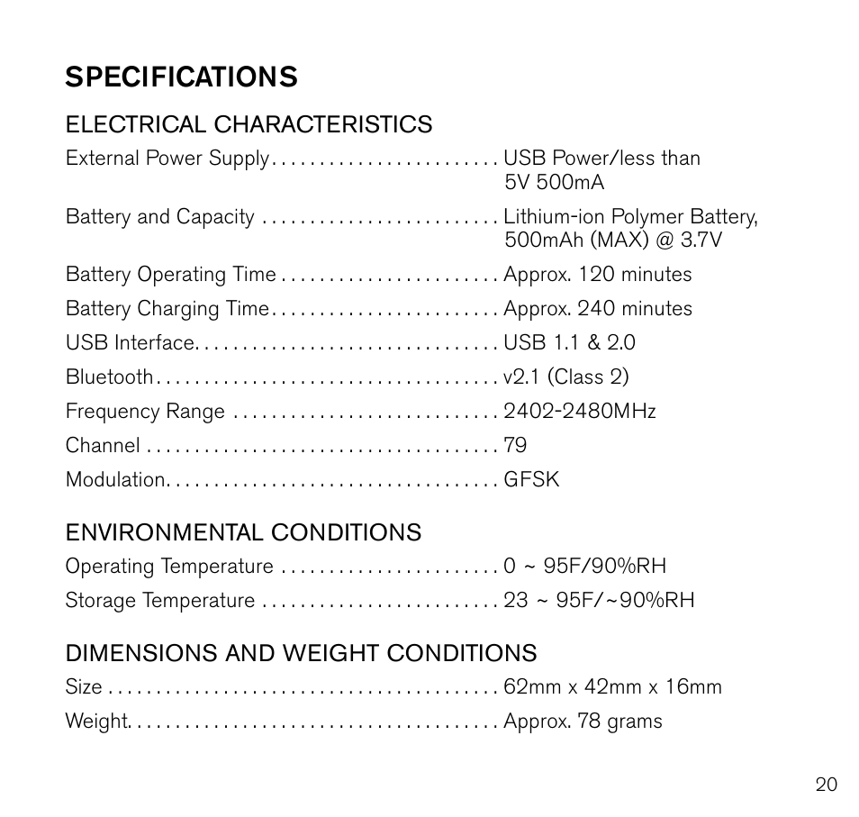 Specifications | Brookstone Virtual Keyboard 796246 User Manual | Page 21 / 24