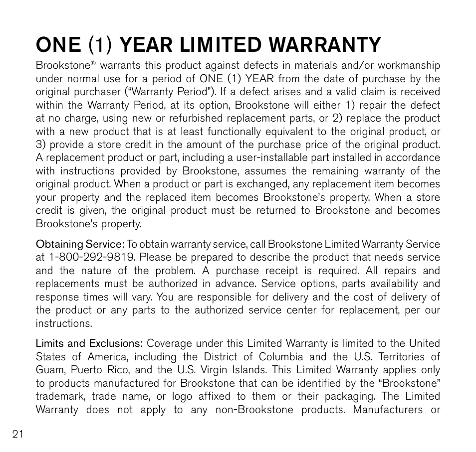 One (1) year limited warranty | Brookstone Virtual Keyboard 796246 User Manual | Page 22 / 24