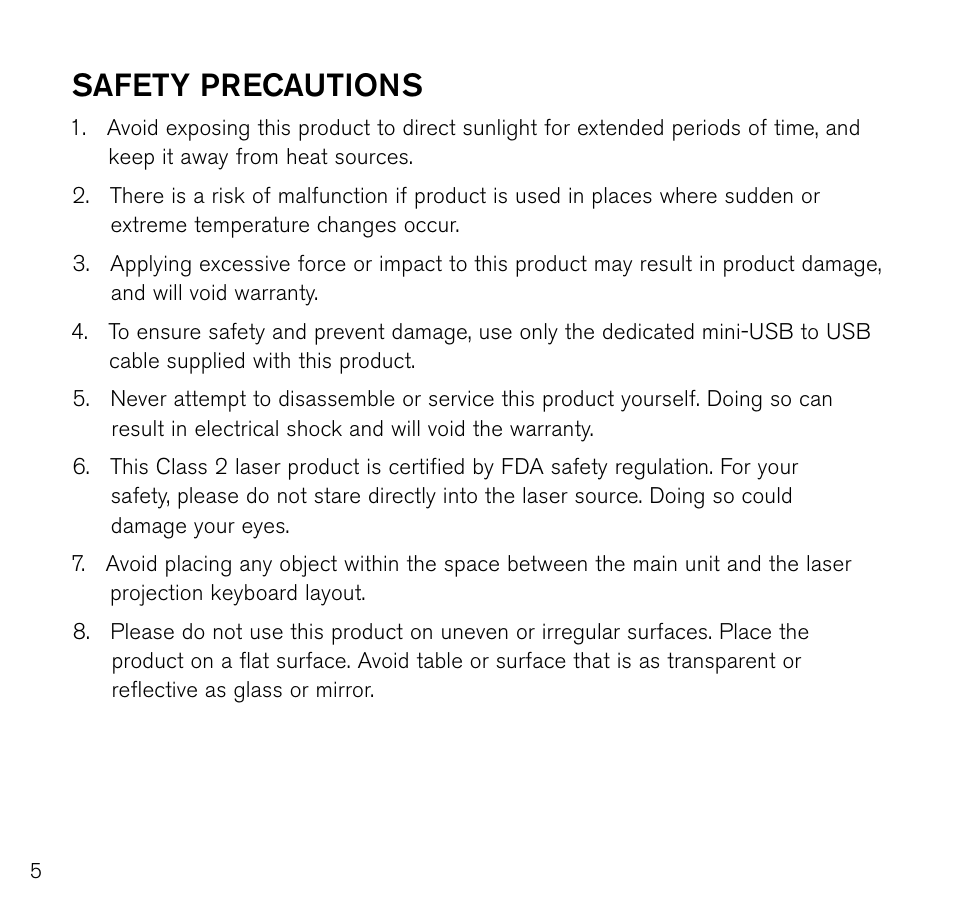 Safety precautions | Brookstone Virtual Keyboard 796246 User Manual | Page 6 / 24