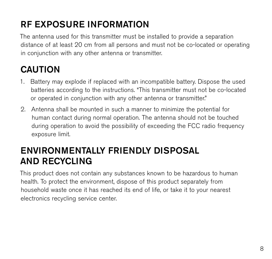 Rf exposure information, Caution, Environmentally friendly disposal and recycling | Brookstone Virtual Keyboard 796246 User Manual | Page 9 / 24