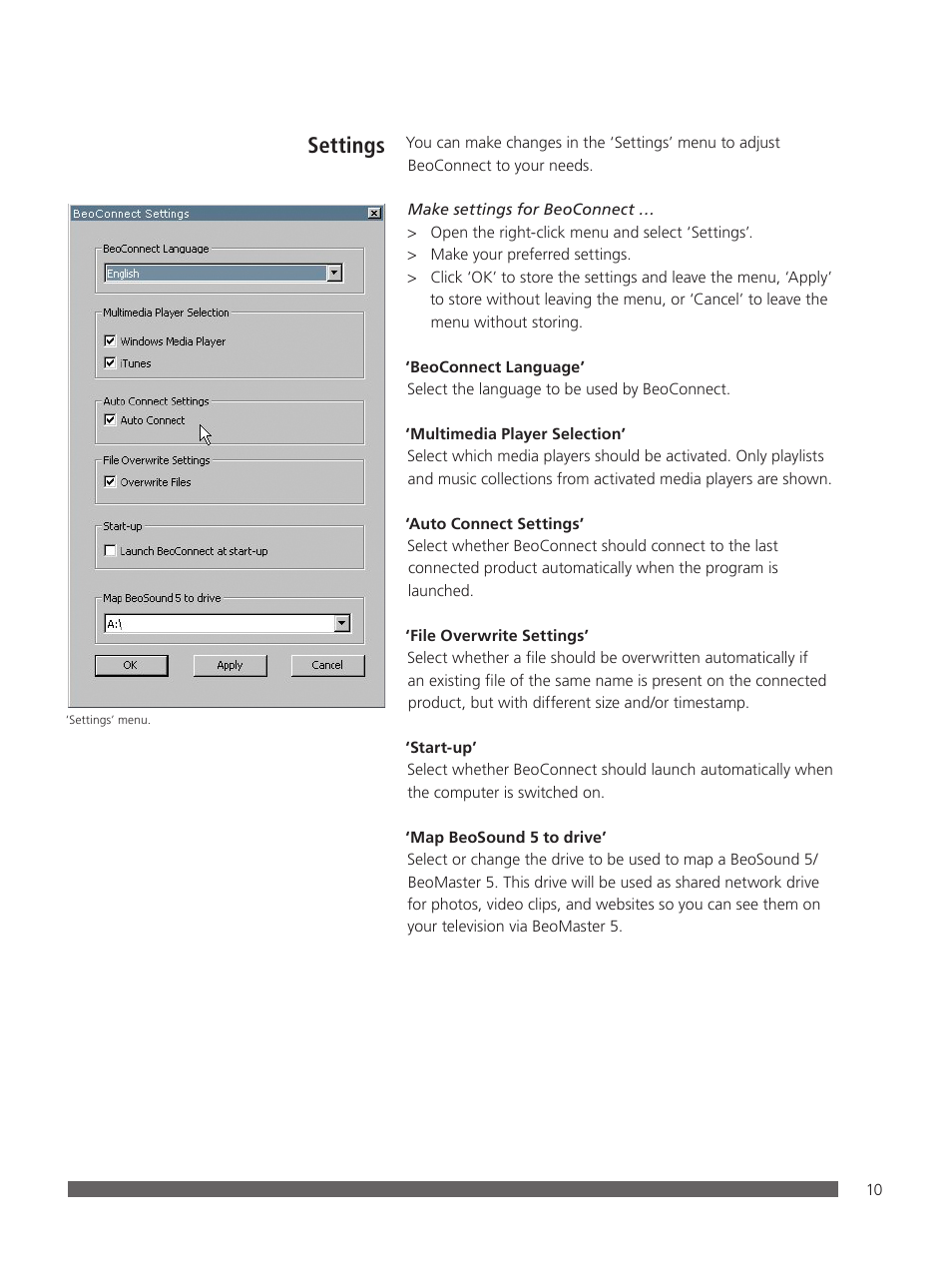 Settings | Bang & Olufsen BeoConnect (for Windows) - User Guide User Manual | Page 10 / 18