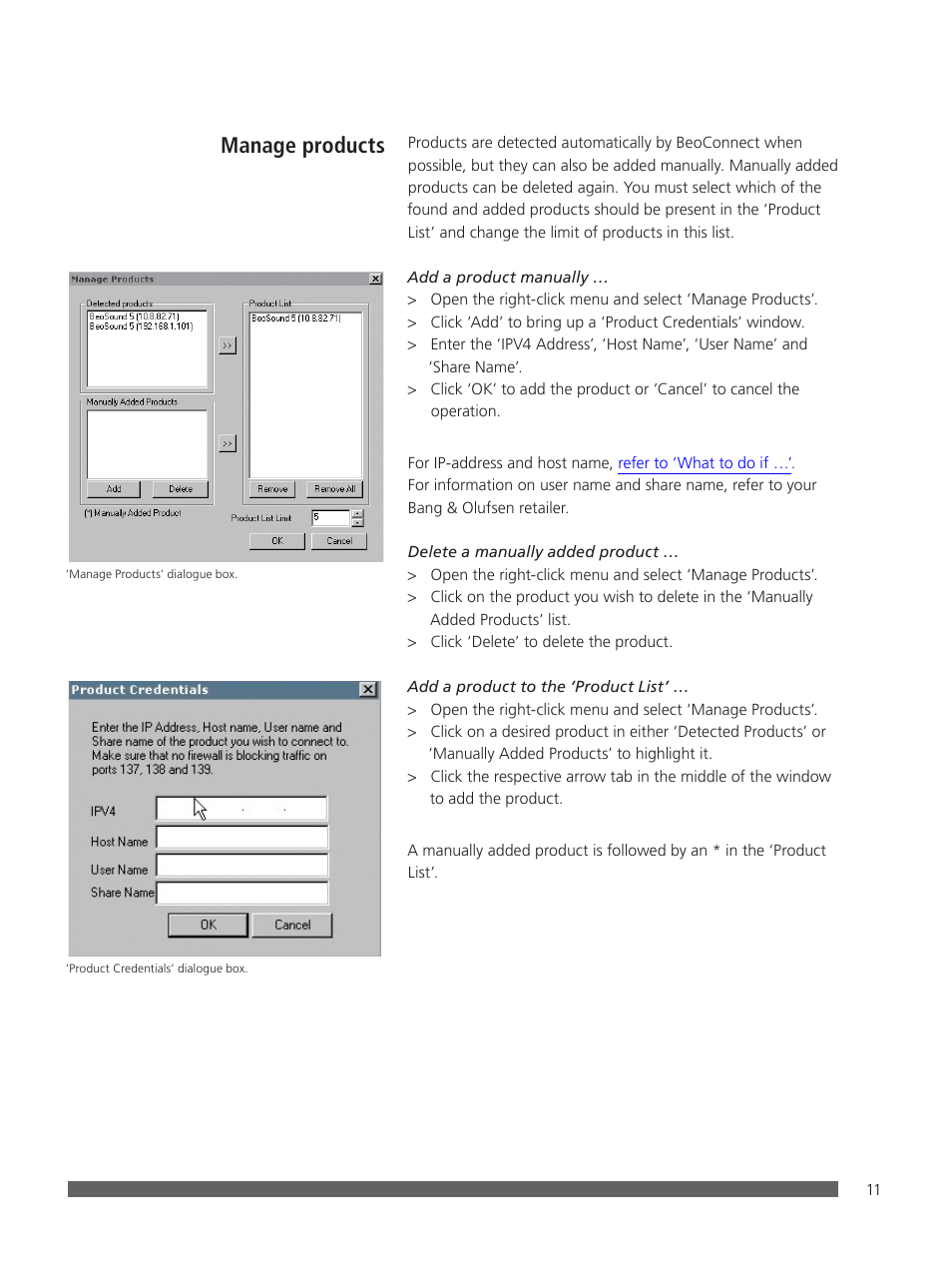 Manage products, Refer to ‘manage products | Bang & Olufsen BeoConnect (for Windows) - User Guide User Manual | Page 11 / 18