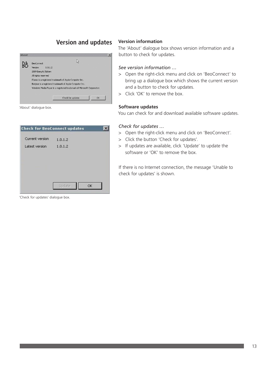 Version and updates | Bang & Olufsen BeoConnect (for Windows) - User Guide User Manual | Page 13 / 18