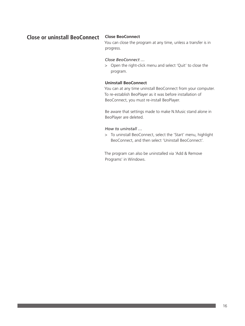 Close or uninstall beoconnect | Bang & Olufsen BeoConnect (for Windows) - User Guide User Manual | Page 16 / 18