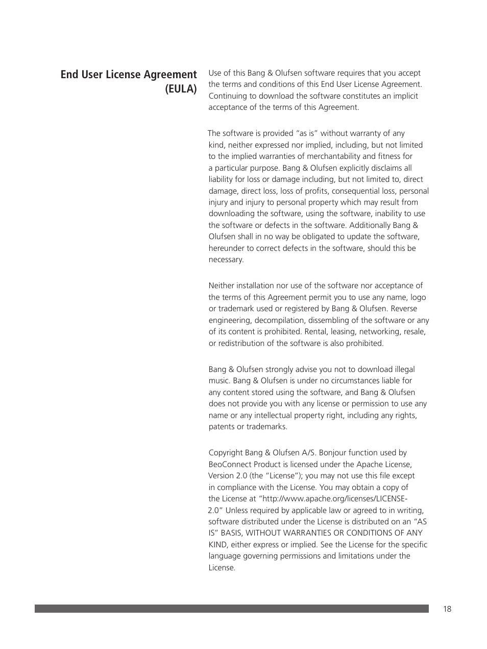 End user license agreement (eula), Terms of use | Bang & Olufsen BeoConnect (for Windows) - User Guide User Manual | Page 18 / 18