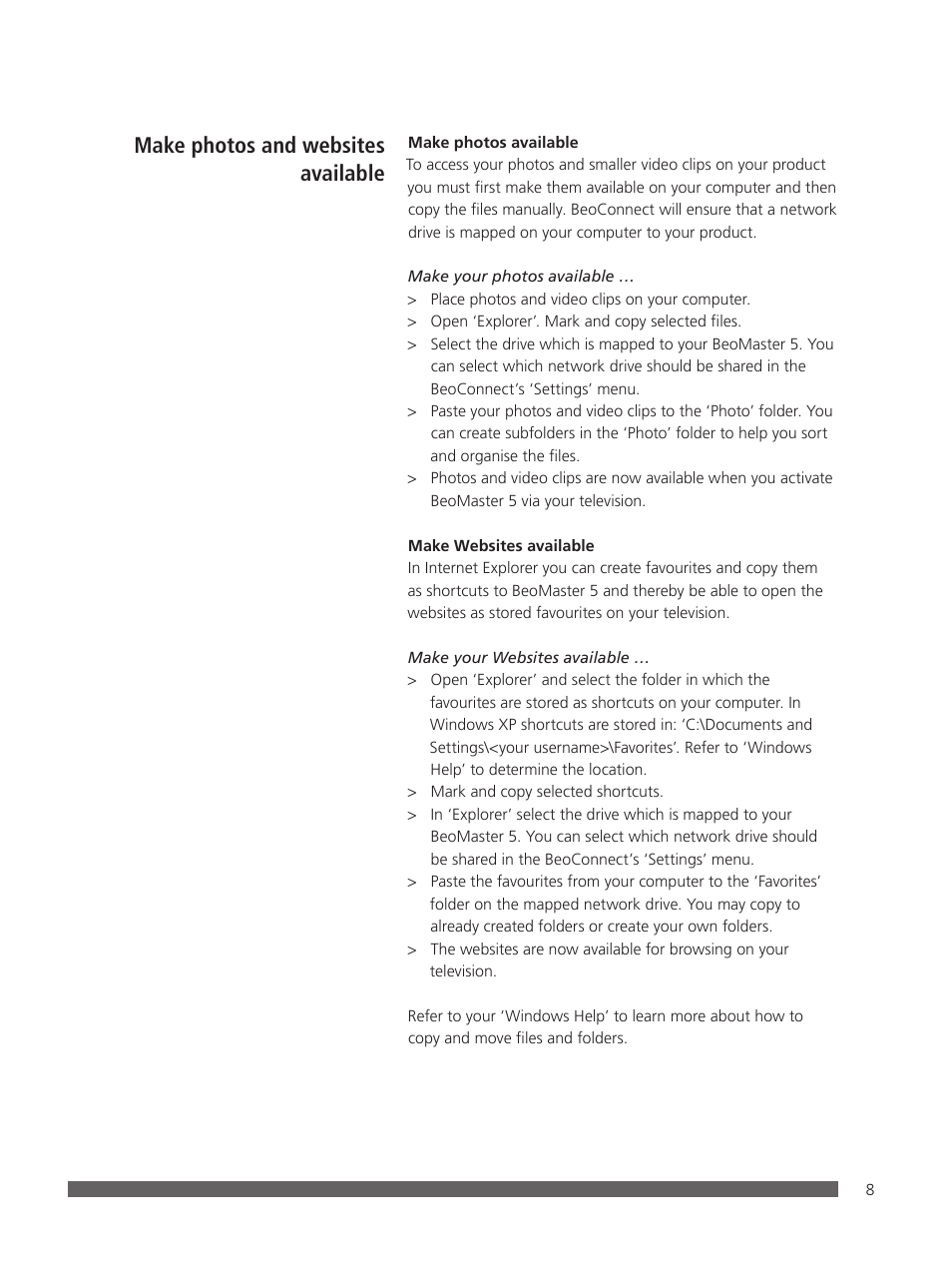 Make photos and websites available | Bang & Olufsen BeoConnect (for Windows) - User Guide User Manual | Page 8 / 18
