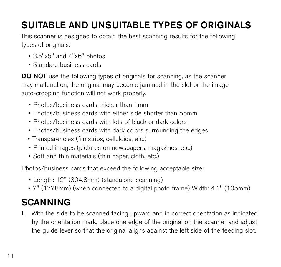 Suitable and unsuitable types of originals, Scanning | Brookstone Photo Printer User Manual | Page 12 / 28