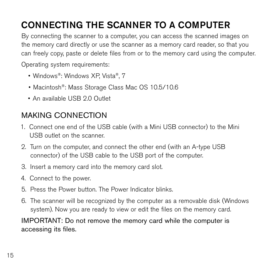 Connecting the scanner to a computer, Making connection | Brookstone Photo Printer User Manual | Page 16 / 28