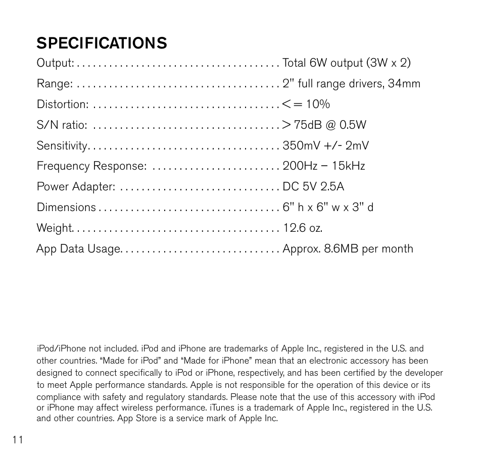 Specifications | Brookstone 643403 User Manual | Page 12 / 16