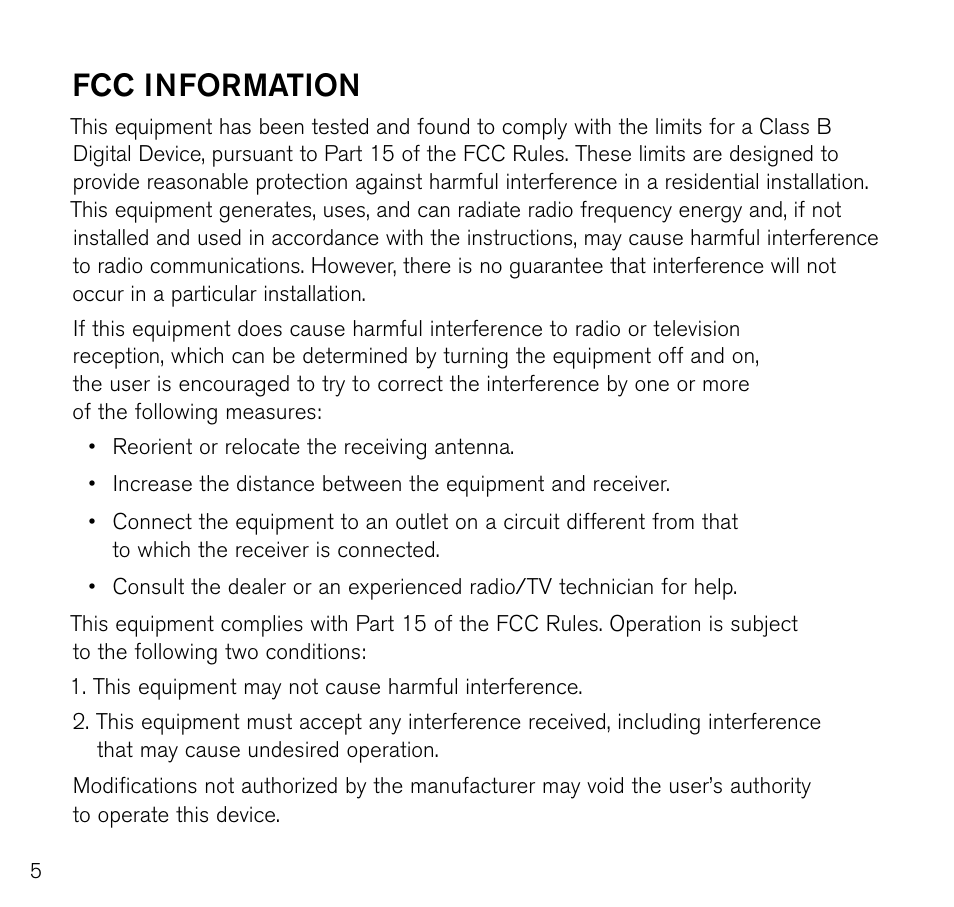 Fcc information | Brookstone 643403 User Manual | Page 6 / 16