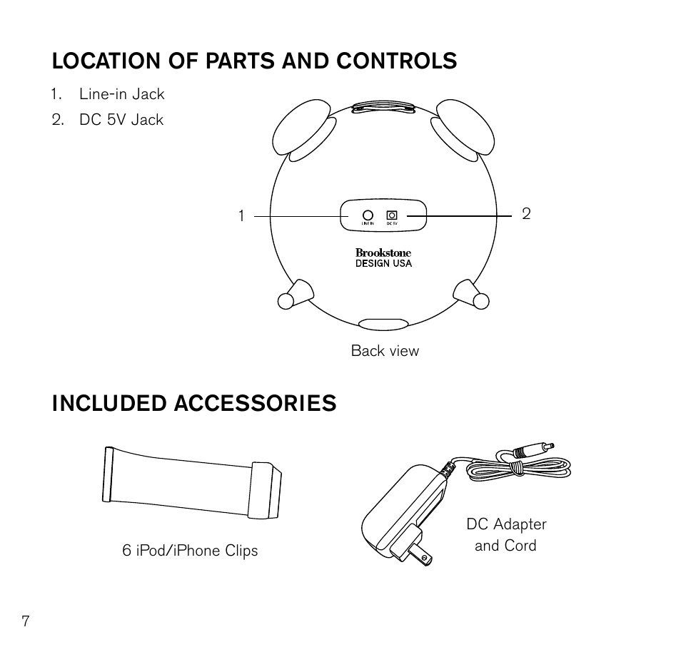 Location of parts and controls, Included accessories | Brookstone 643403 User Manual | Page 8 / 16