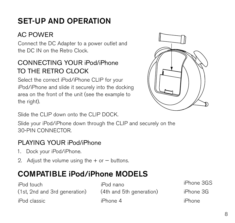 Set-up and operation, Compatible ipod/iphone models | Brookstone 643403 User Manual | Page 9 / 16