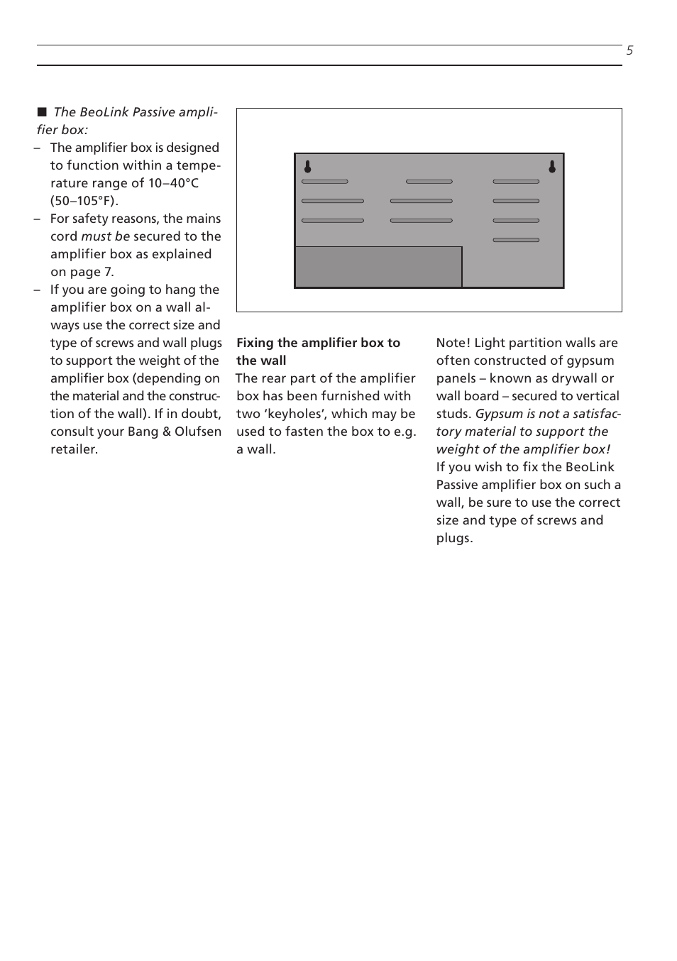 Fixing the amplifier box to the wall | Bang & Olufsen BeoLink Passive - Setting-up Guide User Manual | Page 5 / 12