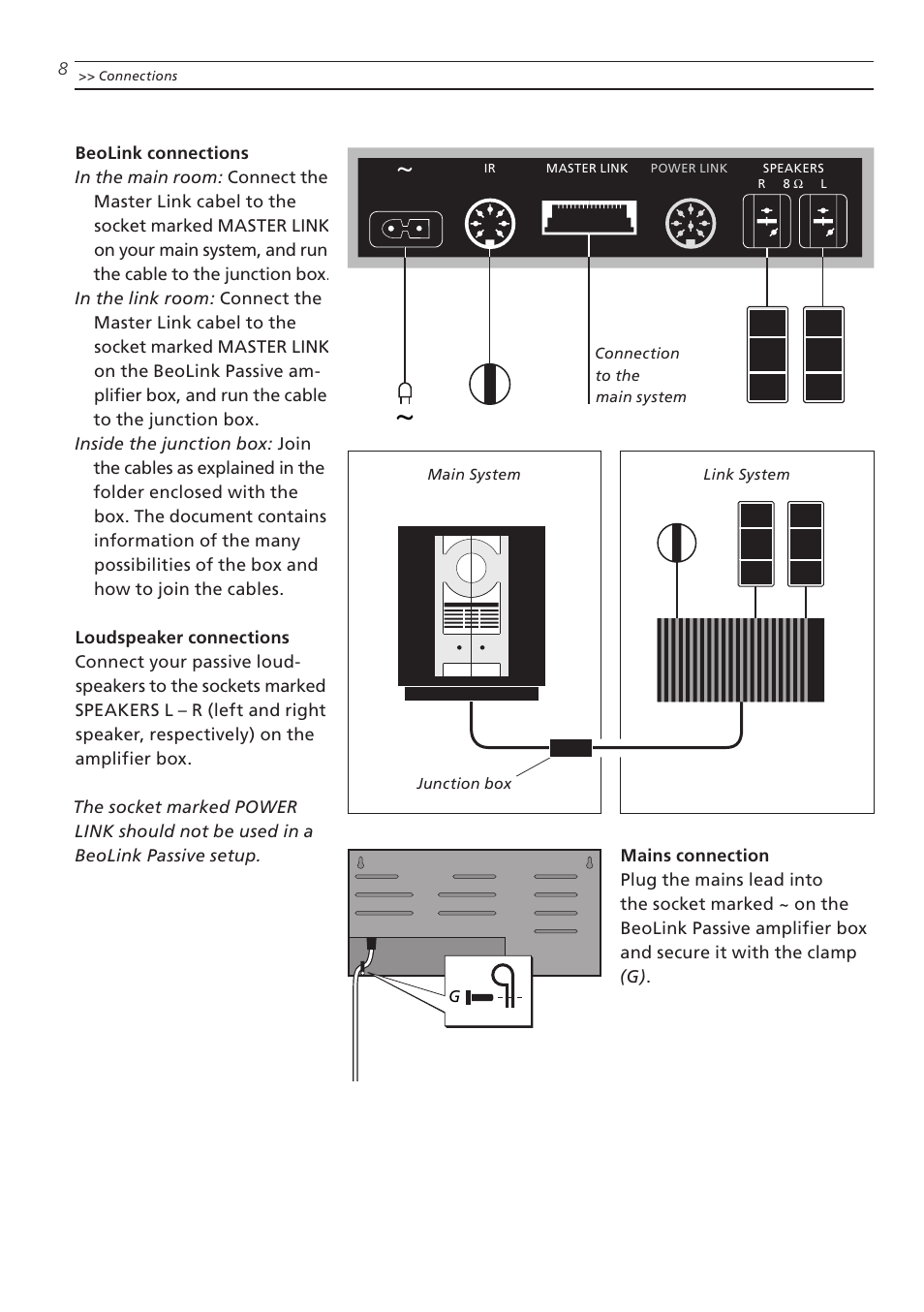 Beolink connections, Loudspeaker connections, Mains connection | Bang & Olufsen BeoLink Passive - Setting-up Guide User Manual | Page 8 / 12