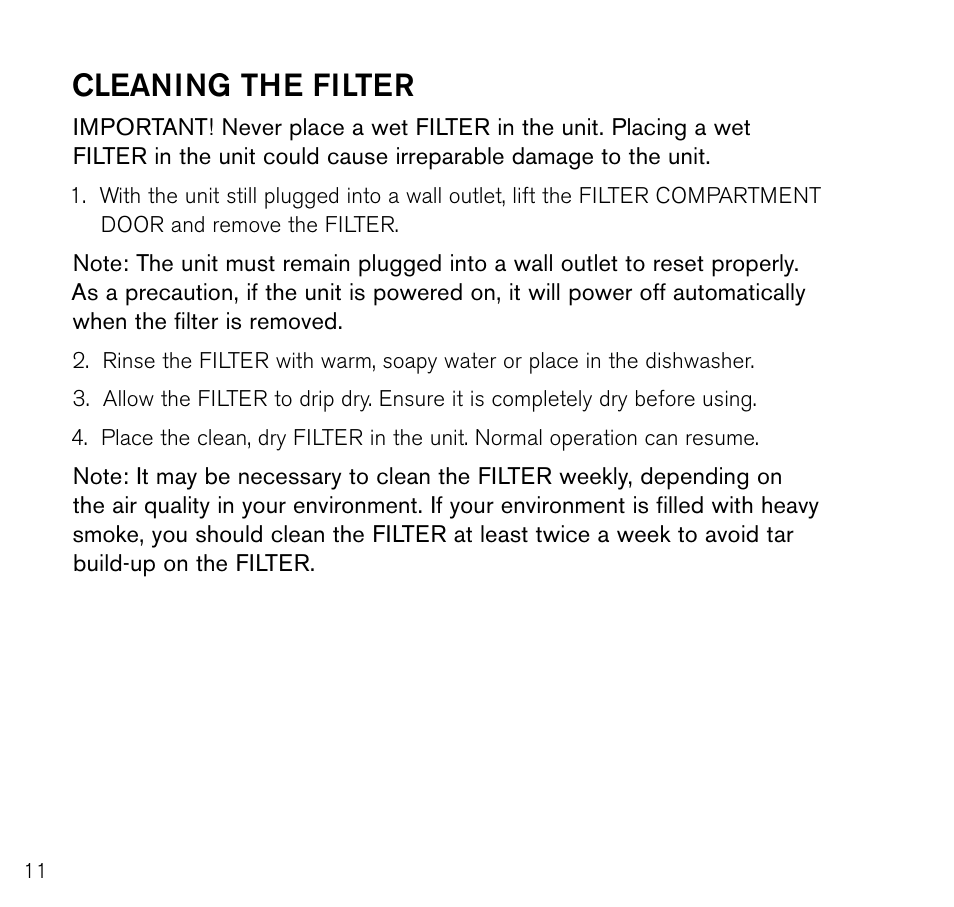 Cleaning the filter | Brookstone Air Cleaner User Manual | Page 12 / 20