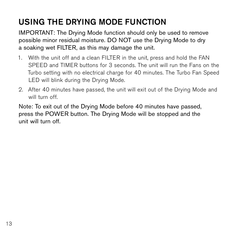 Using the drying mode function | Brookstone Air Cleaner User Manual | Page 14 / 20