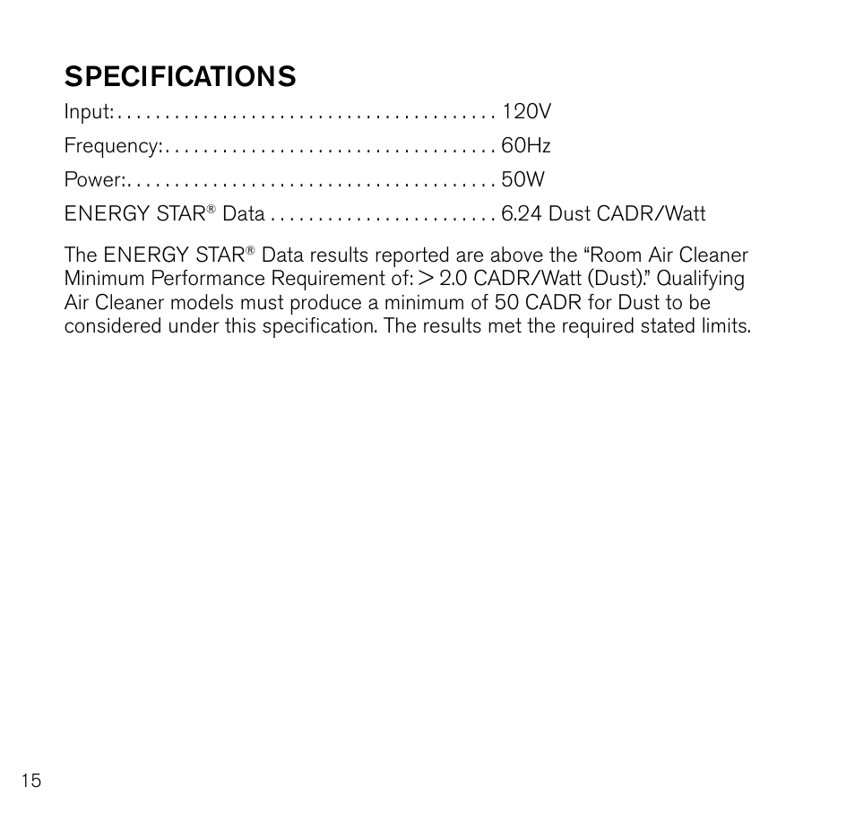 Specifications | Brookstone Air Cleaner User Manual | Page 16 / 20