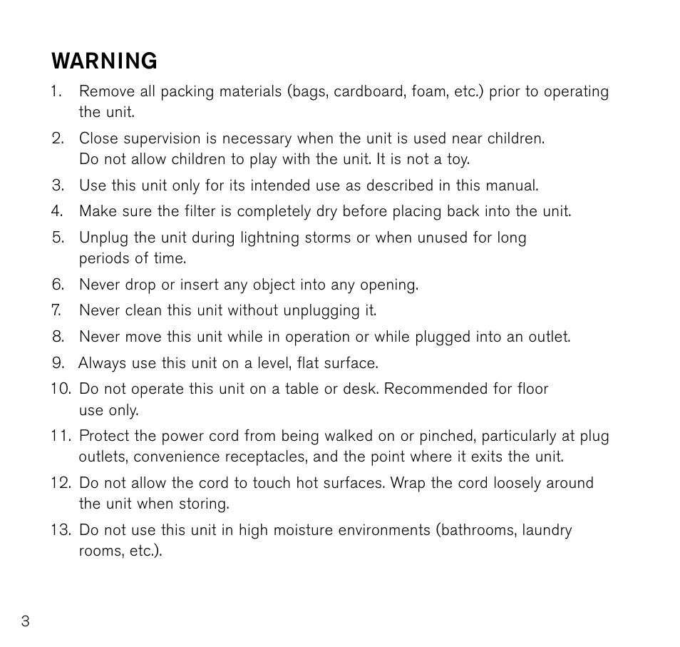 Warning | Brookstone Air Cleaner User Manual | Page 4 / 20