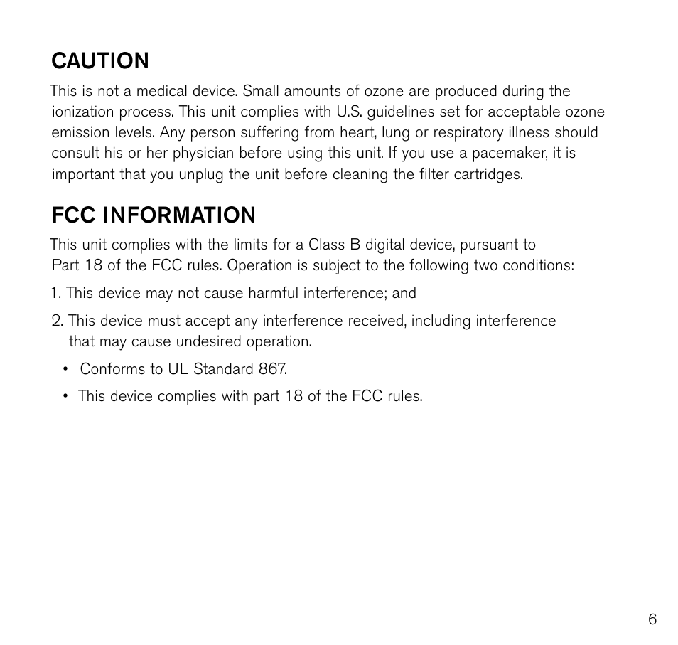 Caution, Fcc information | Brookstone Air Cleaner User Manual | Page 7 / 20