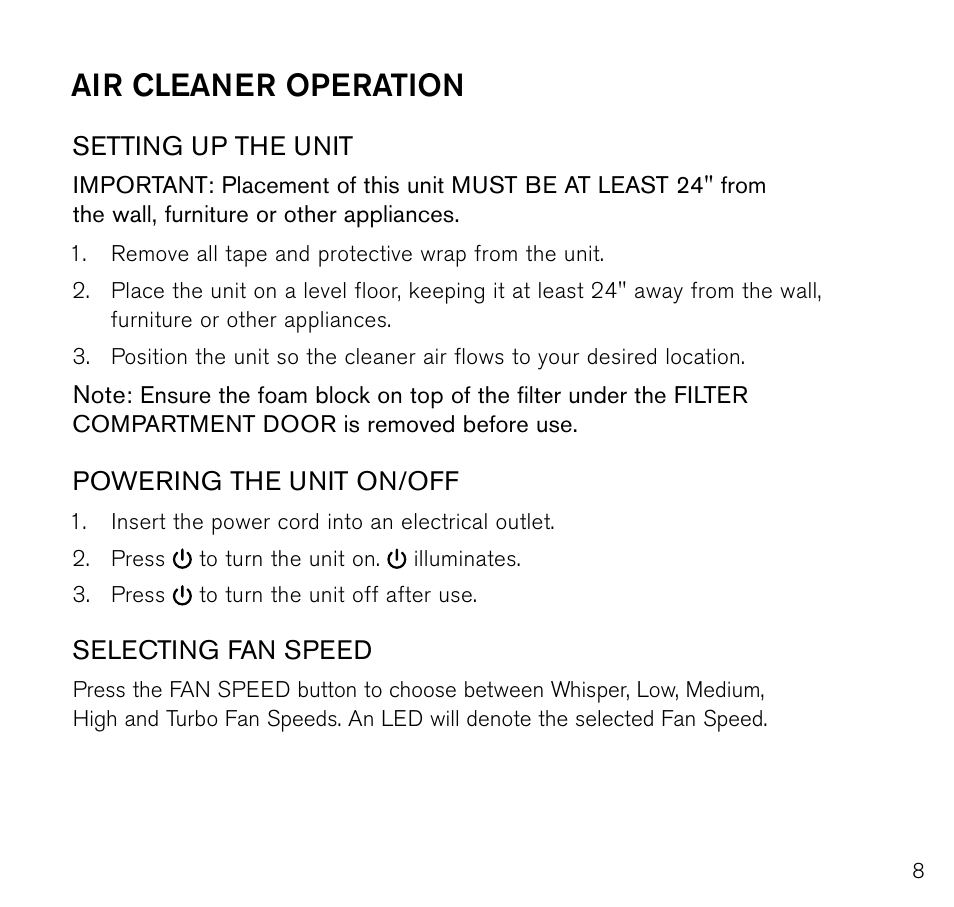 Air cleaner operation | Brookstone Air Cleaner User Manual | Page 9 / 20