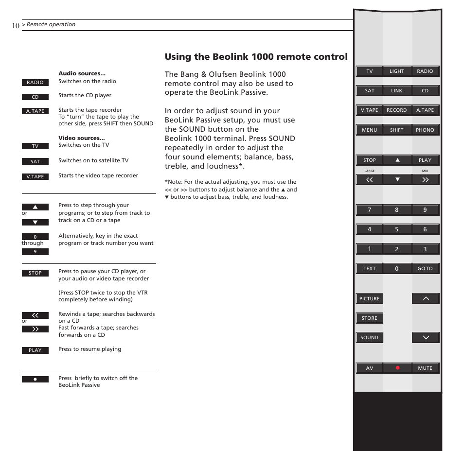 Using the beolink 1000 remote control | Bang & Olufsen BeoLink Passive - User Guide User Manual | Page 10 / 12