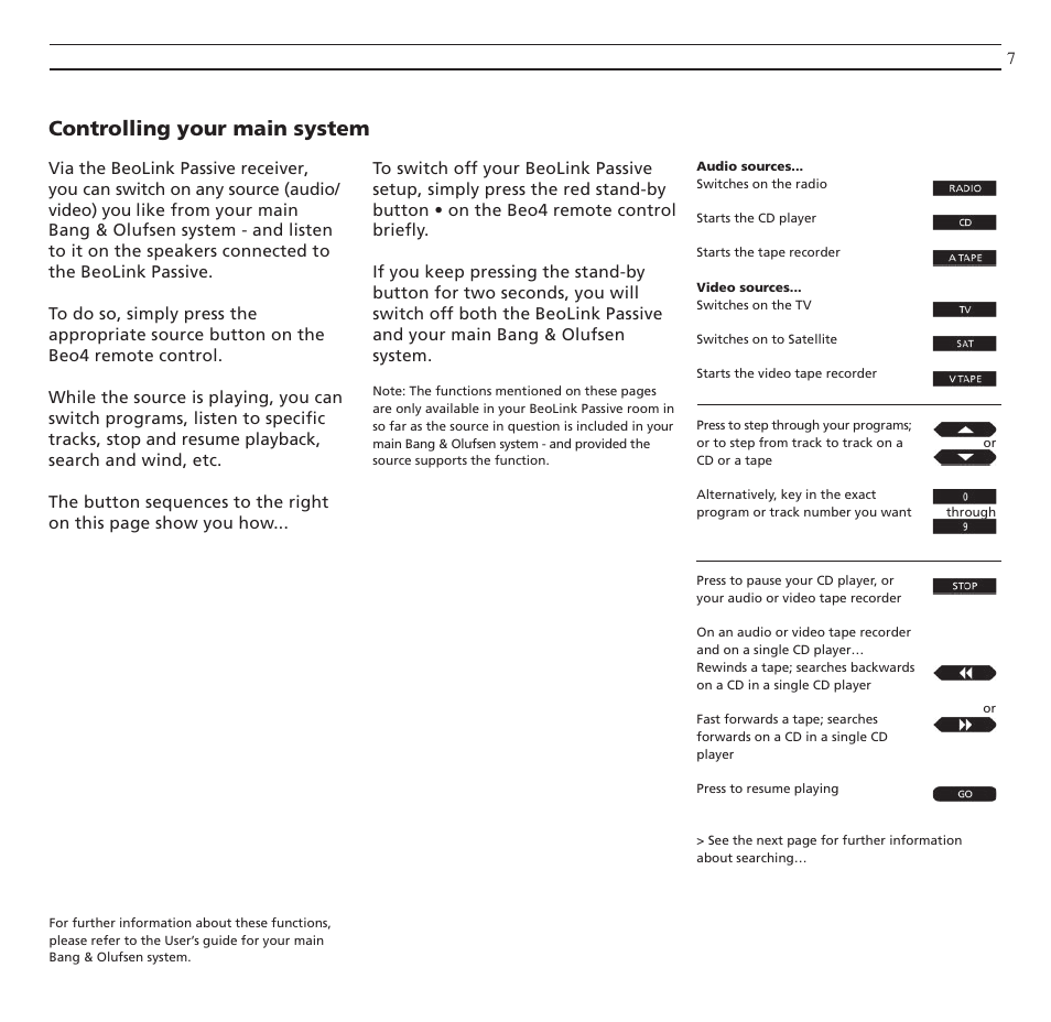 Controlling your main system | Bang & Olufsen BeoLink Passive - User Guide User Manual | Page 7 / 12