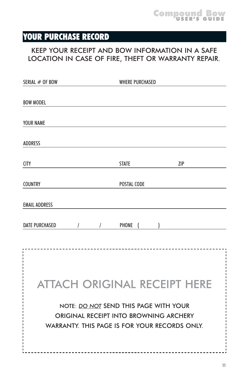 Attach original receipt here, Compound bow, Your purchase record | Browning PN A826702 User Manual | Page 11 / 12