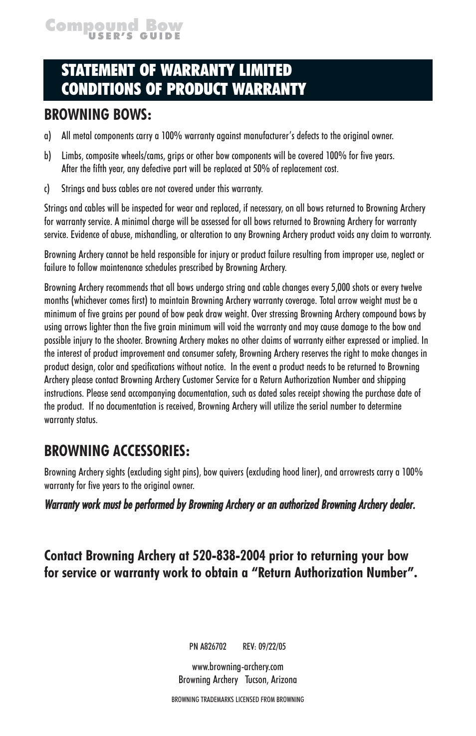 Compound bow, Browning bows, Browning accessories | Browning PN A826702 User Manual | Page 12 / 12